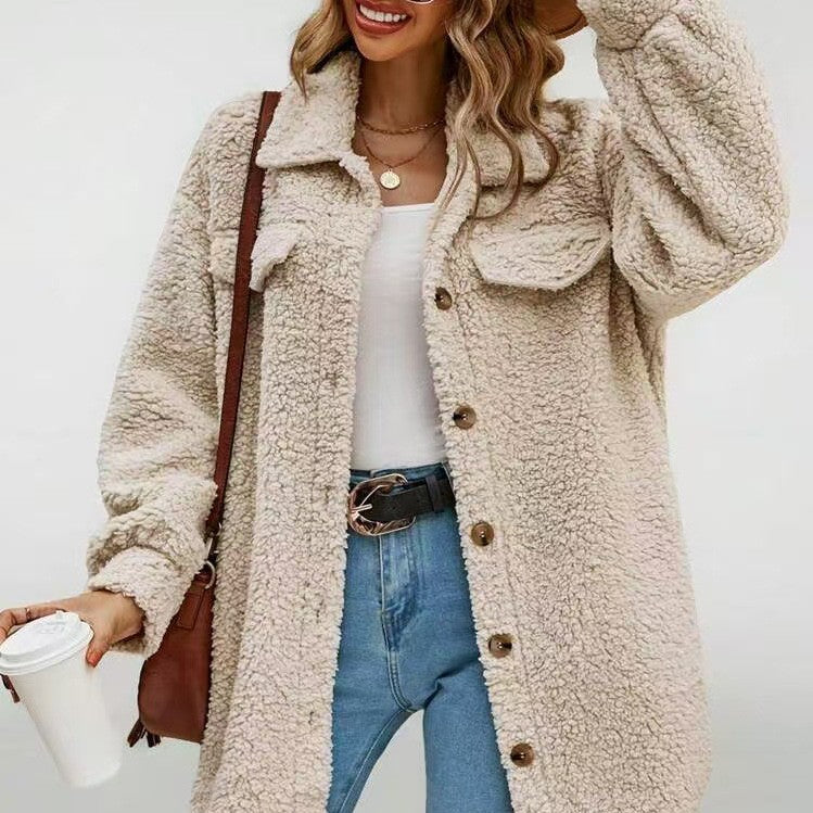 Women's Teddy Bear Plush Mid-Length Hooded Faux Fur Coat
